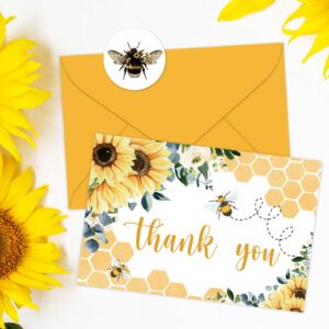 Whaline 24Pcs Sunflower Bee Thank You Cards Bulk Watercolor Summer Flower Greeting Cards with Envelope Stickers Blank Note Cards for Wedding Baby Shower Bridal Birthday Party, 4 x 6 Inch