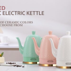 LONGSEED Ceramic Electric Kettle with Fine Mesh Infuser, 1.2L/1000W Boil Water Quickly and Easily with Boil-Dry Protection Auto Shut Off, Detachable Swivel Base, Glazed Relief Carving