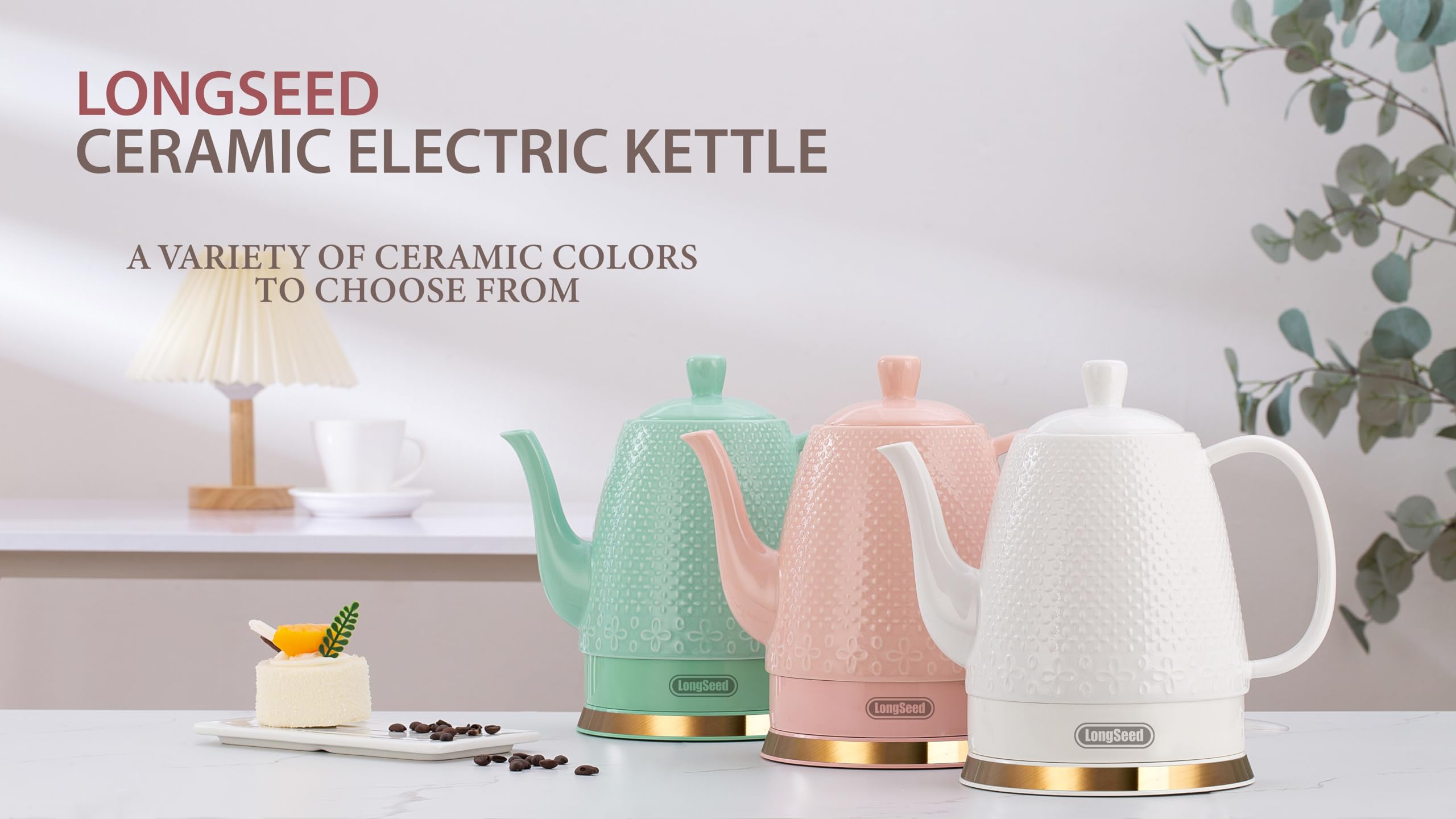 LONGSEED Ceramic Electric Kettle with Fine Mesh Infuser, 1.2L/1000W Boil Water Quickly and Easily with Boil-Dry Protection Auto Shut Off, Detachable Swivel Base, Glazed Relief Carving