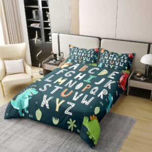 Alphabet Kids ABC Learning 100% Cotton Duvet Cover Full Size, Cartoon Dino Comforter Cover Kids Educational Nursery Art Bedding Set for Boys Girls Jungle Dino Bedspread Cover 3Pcs with 2 Pillow Case