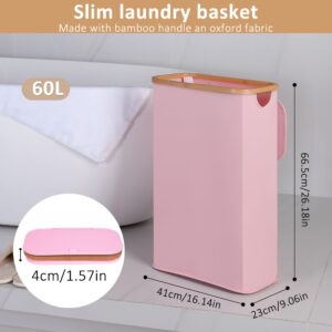 iEGrow Slim Laundry Hamper, Narrow Laundry Basket with Lid,Foldable Clothes Hamper with Bamboo Handles,Hamper Basket with Removable Inner Bag for Laundry Room Bedroom College Dorm,60L Pink