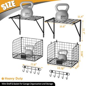 ThreeHio 2 Pack Garage Shelves Wall Mounted with Wire baskets, Heavy Duty Garage Wall Shelving with Hooks, Wire Shelf Baskets Tool Organizer for Home Garden Garage Organization and Storage