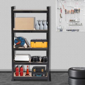 5-Tier Adjustable Storage Shelving, Heavy Duty Garage Shelves, Metal Organizer Utility Rack Large Storage Capacity Sturdy & Stable Galvanized Steel & MDF Rust-Resistant Display Goods Efficiently Black