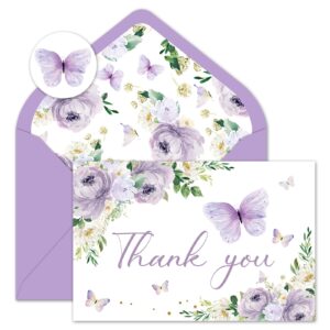 whaline 24pcs floral butterfly thank you cards purple flower greeting cards with envelope stickers spring watercolor blank note cards for birthday wedding baby shower bridal shower, 4 x 6 inch