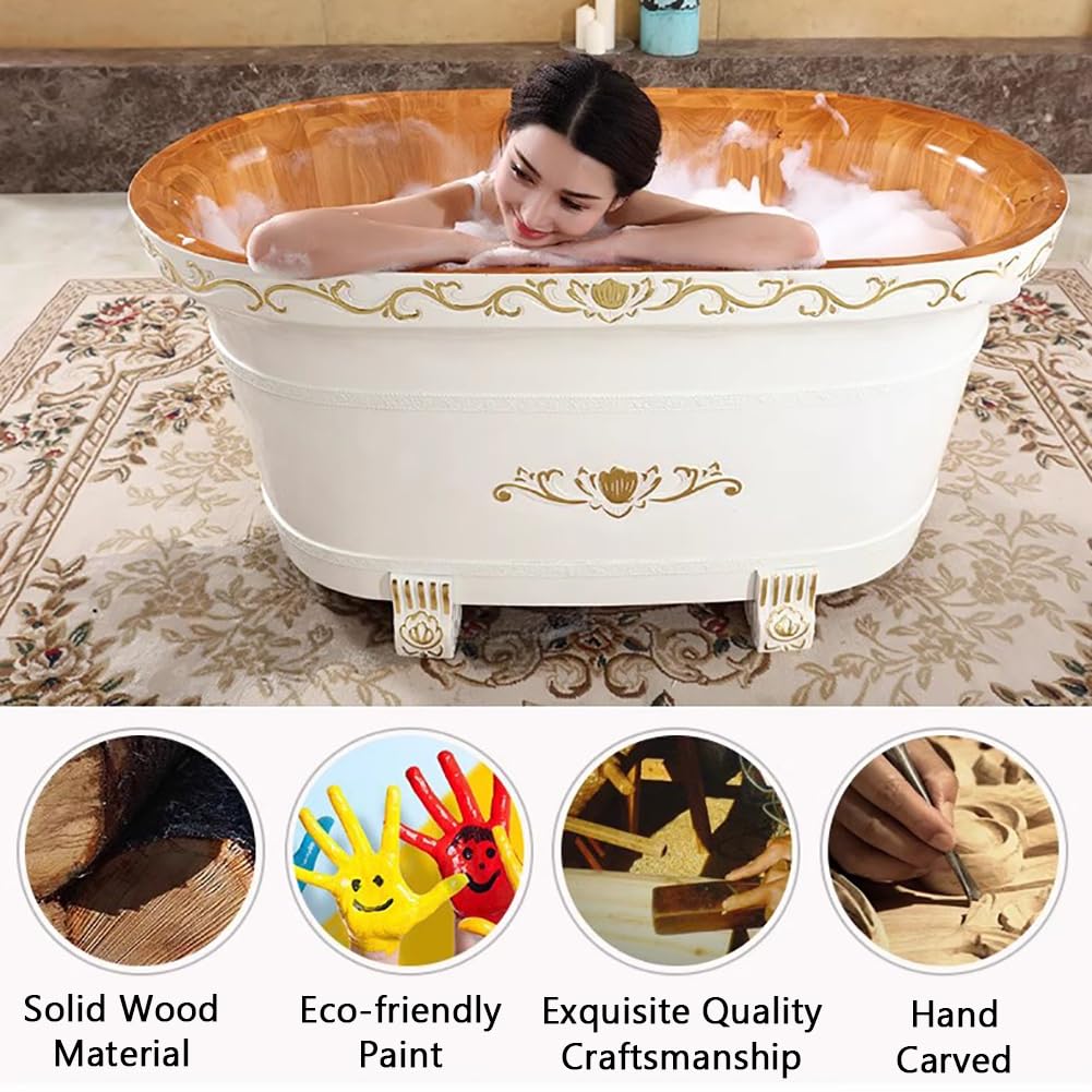 MegLob Free Standing Thickened Solid Wood Bathtub, Oval Soaker Tub, Classic Hand-Carved All-Wood Deep Soaker, White Wooden Freestanding Bathtub with Inner Chair & Pop-Up Drain,160cm/62.99"