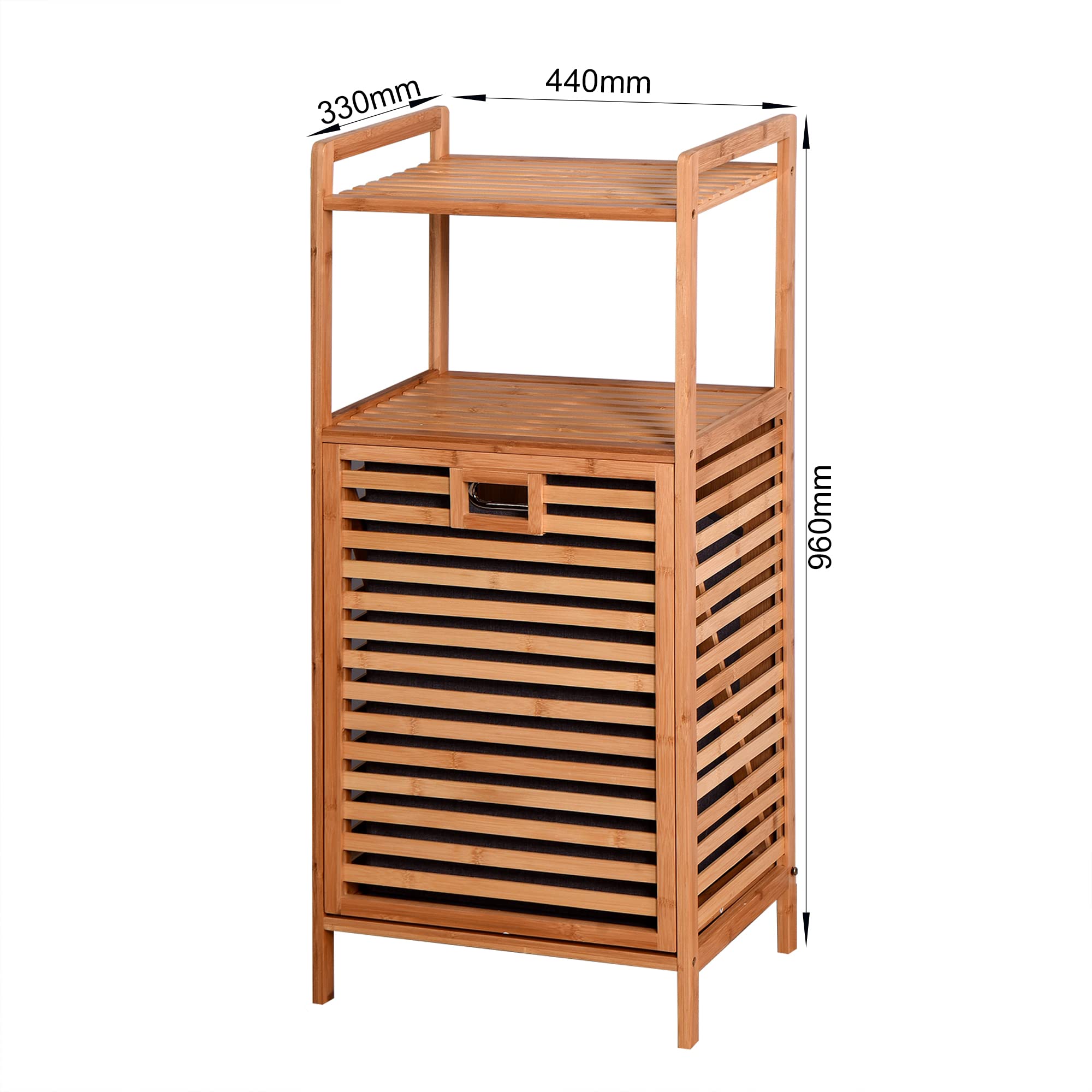 Tilt Out Laundry Hamper, Bamboo Laundry Linen Hamper with Storage Shelves & Removable Clothes Basket, 2 Tier Freestanding Laundry Shelf for Guest Bathroom Laundry Room, Natural