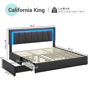 Hasuit California King Bed Frame with 4 Storage Drawers, LED Light Platform Bed Cal King Size with Charging Station, Black Artificial Leather Upholstered Headboard, No Spring Needed, Noise Free