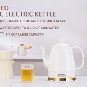 LONGSEED Ceramic Electric Kettle with Fine Mesh Infuser, 1.2L/1000W Boil Water Quickly and Easily with Boil-Dry Protection Auto Shut Off, Detachable Swivel Base, Glazed Relief Carving