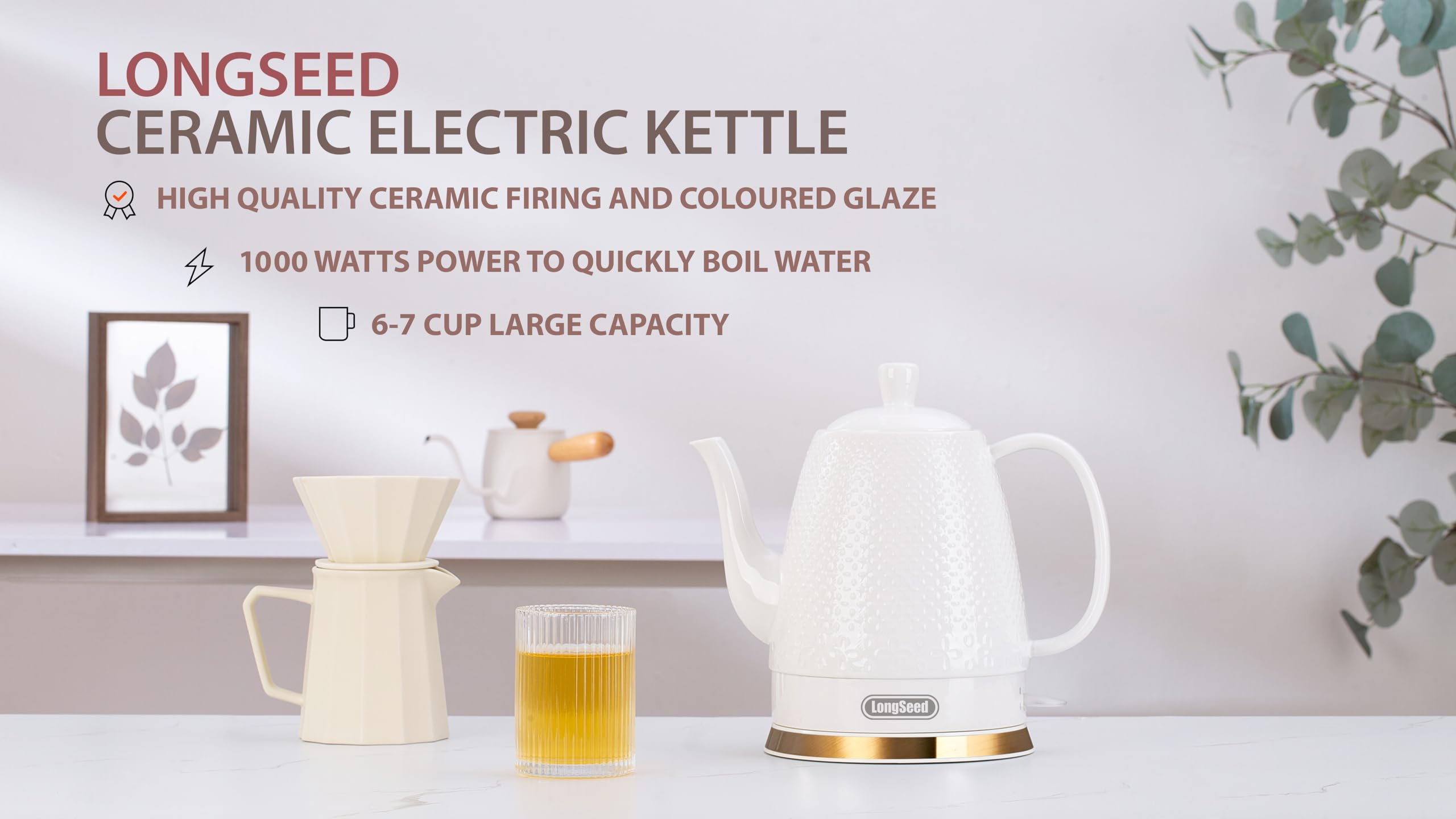 LONGSEED Ceramic Electric Kettle with Fine Mesh Infuser, 1.2L/1000W Boil Water Quickly and Easily with Boil-Dry Protection Auto Shut Off, Detachable Swivel Base, Glazed Relief Carving