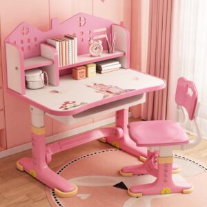 hevirgo kids learning desk and chair set pink desk set height adjustable with drawers and bookshelf widened desktop cartoon castles learning desks and chairs reading/learning/writing for girls (pink)