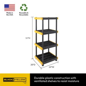 BLACK & YELLOW® 4-Tier Heavy Duty Plastic Storage Shelving Unit, 100lbs/shelf (55”H x 24”W x 20”D), for Indoor/Outdoor Organization, Modular Rack, Extremely Durable®, Made in The USA