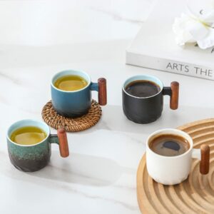 Zurucily 2 oz Ceramic Espresso Cups with Wooden Handle Espresso Cups Set of 2, Small Tea Cups