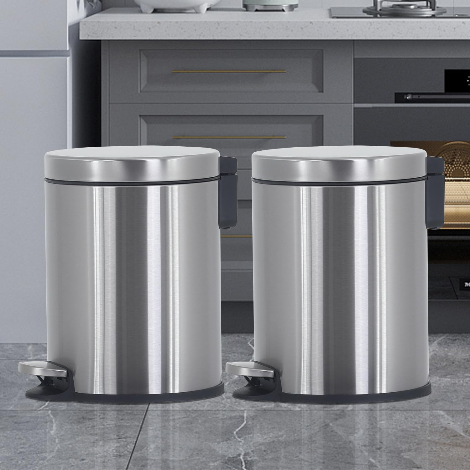 6 Liter /1.6 Gallon Bathroom Trash Can with Lid, Round Small Trash Can Kitchen Garbage Can Waterproof Stainless Steel Trash Can with Removable Inner Bucket & Soft-Close, Anti-Fingerprint, 2 Pack