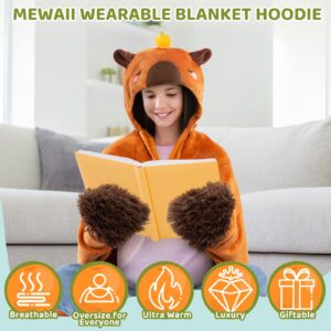 Mewaii Capybara Wearable Hooded Blanket Kids, Soft Flannel Throw Blanket Cloak Wrap, Oversize Capybara Costume Outfits, Cozy Warm Kids Animal Blanket Hoodie with Gloves, Kawaii Gift for Women Teen