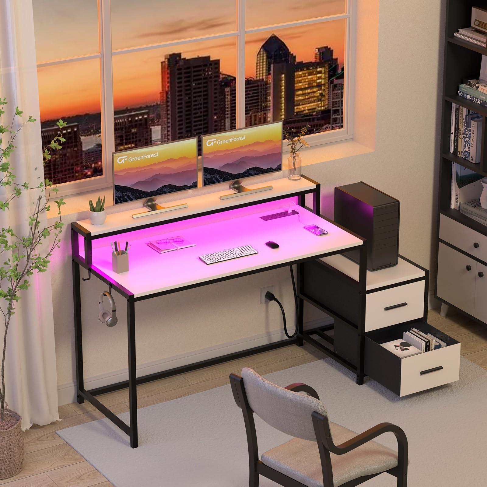 GreenForest Small Desk for Bedroom, 39.4 inch Computer Desk with 2 Drawers, Gaming Desk with LED Light and Power Outlet, Reversible Office Desk with Monitor Stand, Desk for Small Spaces, White