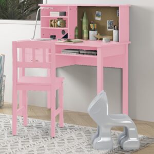 Mjkone Kids Table & Chair Set, Living and Learning Kids' Desk with Hutch and Chair Set, Children’s Desk with 2 Drawers for Storage, Students' Study Computer Workstation with Multiple Cubbies, Pink