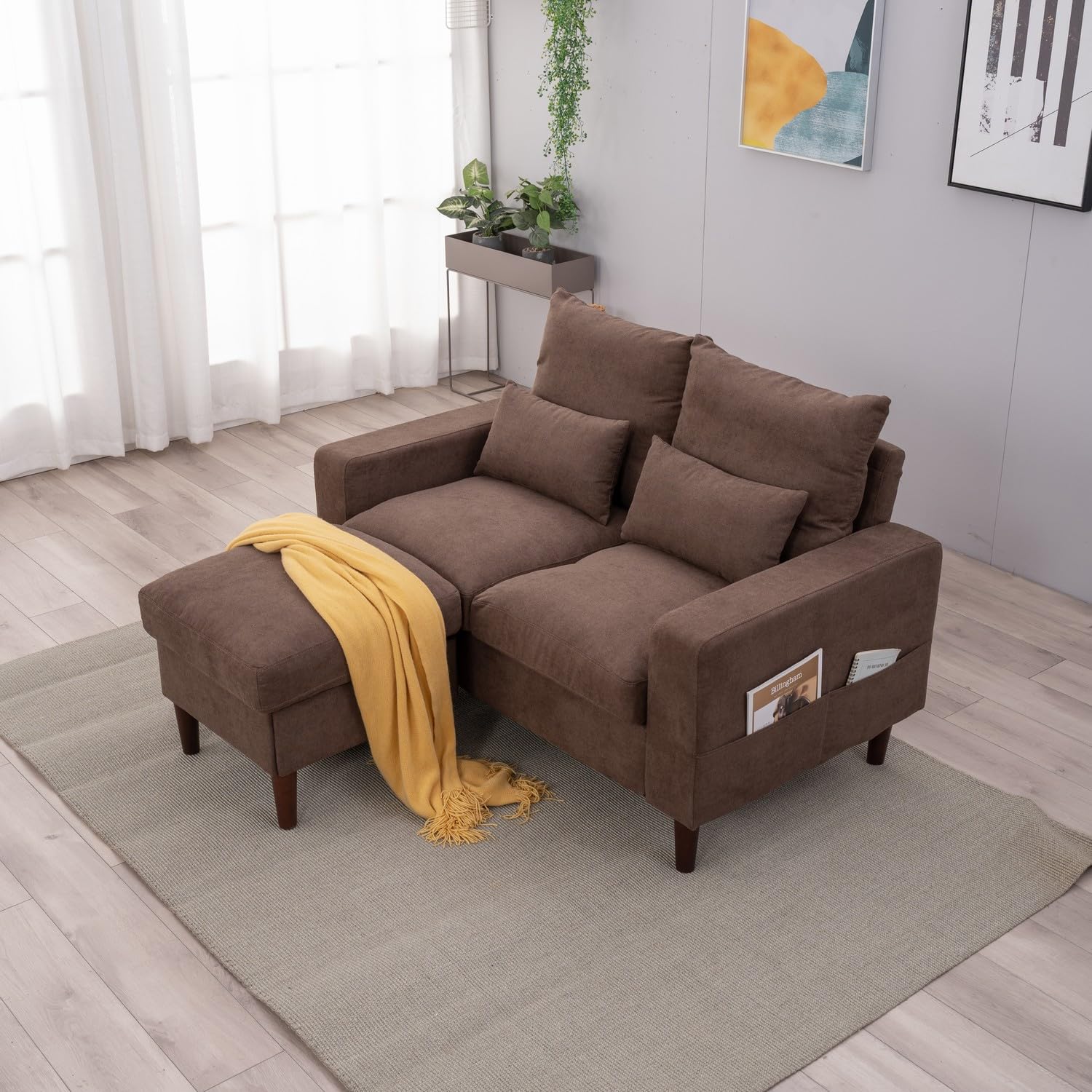 Panana 54.5" Wide Sofa Loveseat with Ottoman, Compact 2 Seater Couch for Small Speace Living Room (Brown Linen, Track arm with Storage Side Pockets)