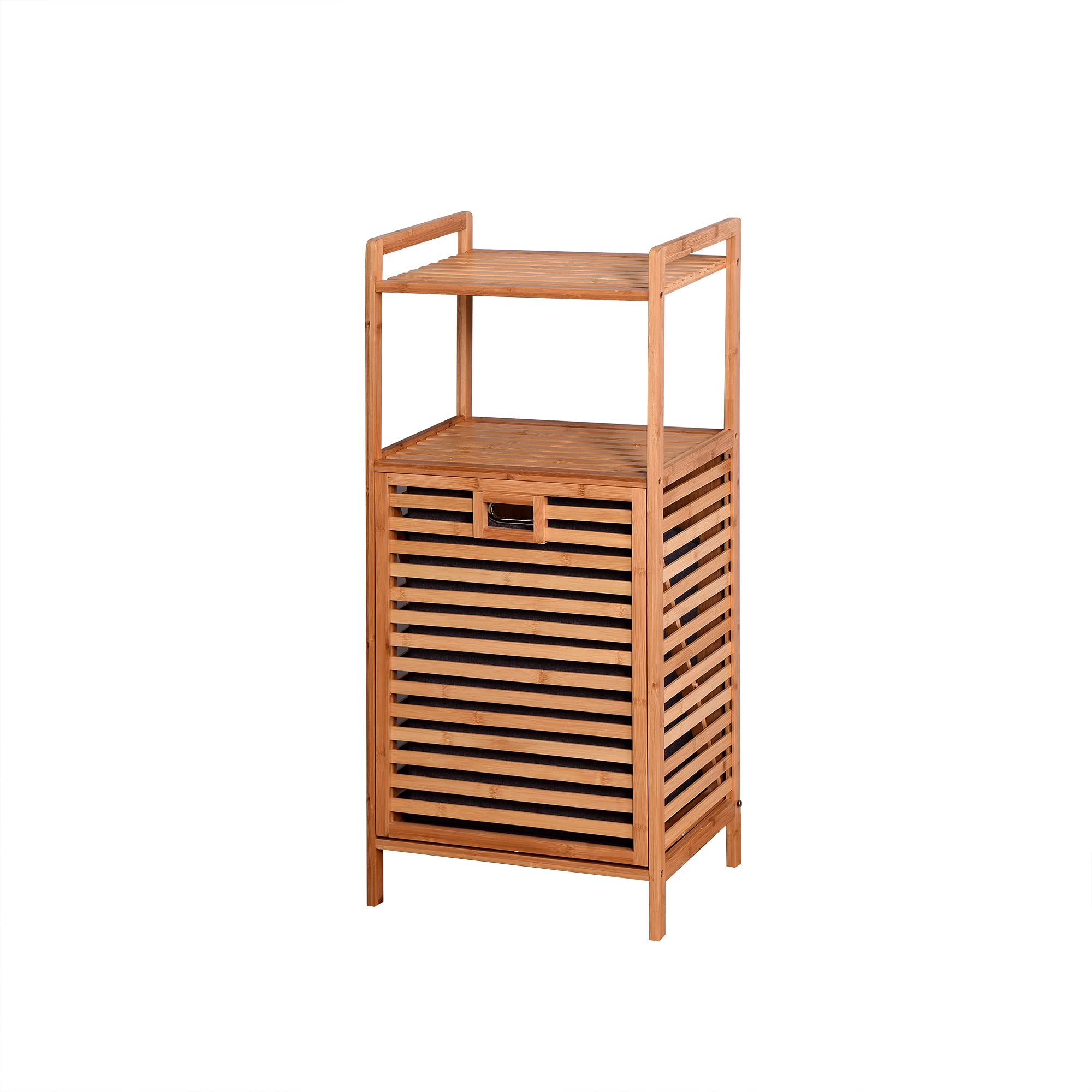 Tilt Out Laundry Hamper, Bamboo Laundry Linen Hamper with Storage Shelves & Removable Clothes Basket, 2 Tier Freestanding Laundry Shelf for Guest Bathroom Laundry Room, Natural