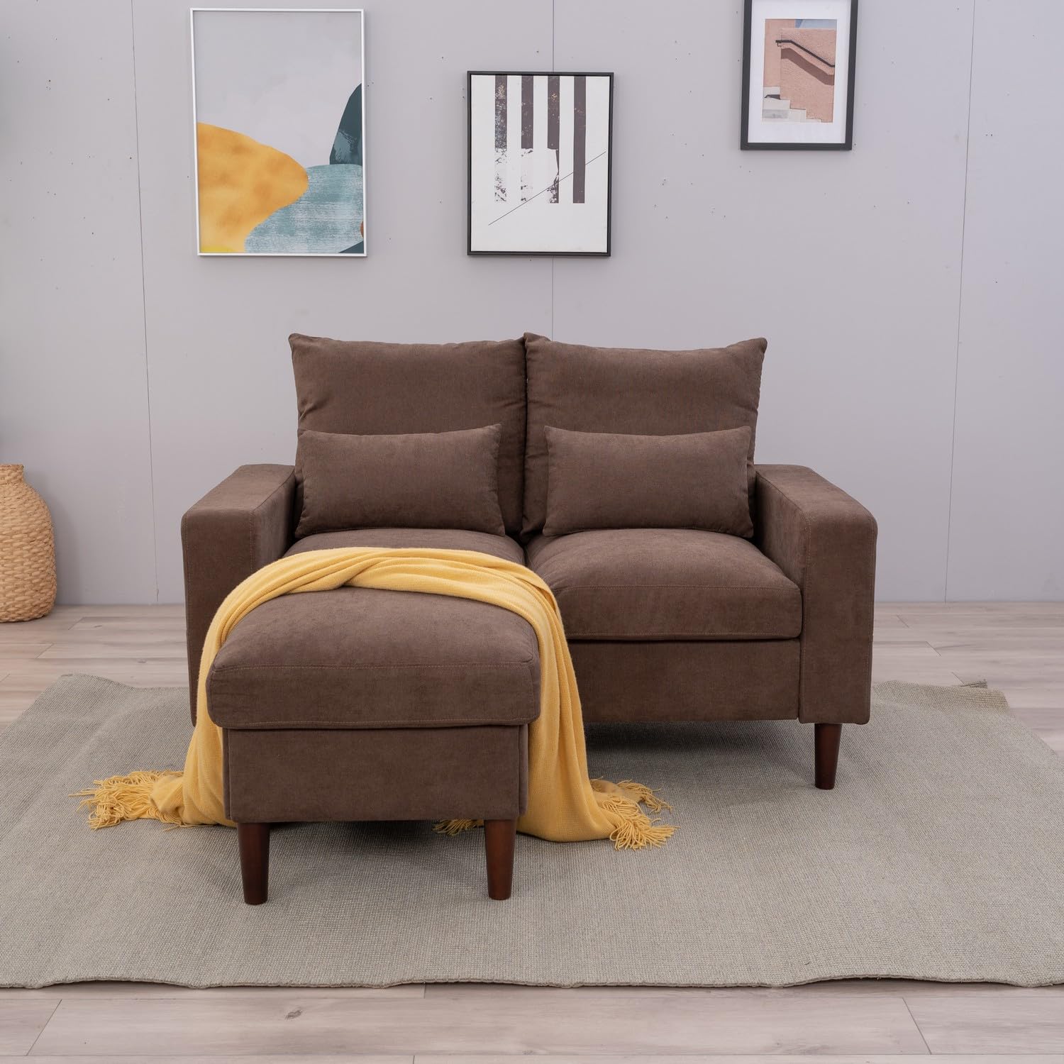 Panana 54.5" Wide Sofa Loveseat with Ottoman, Compact 2 Seater Couch for Small Speace Living Room (Brown Linen, Track arm with Storage Side Pockets)