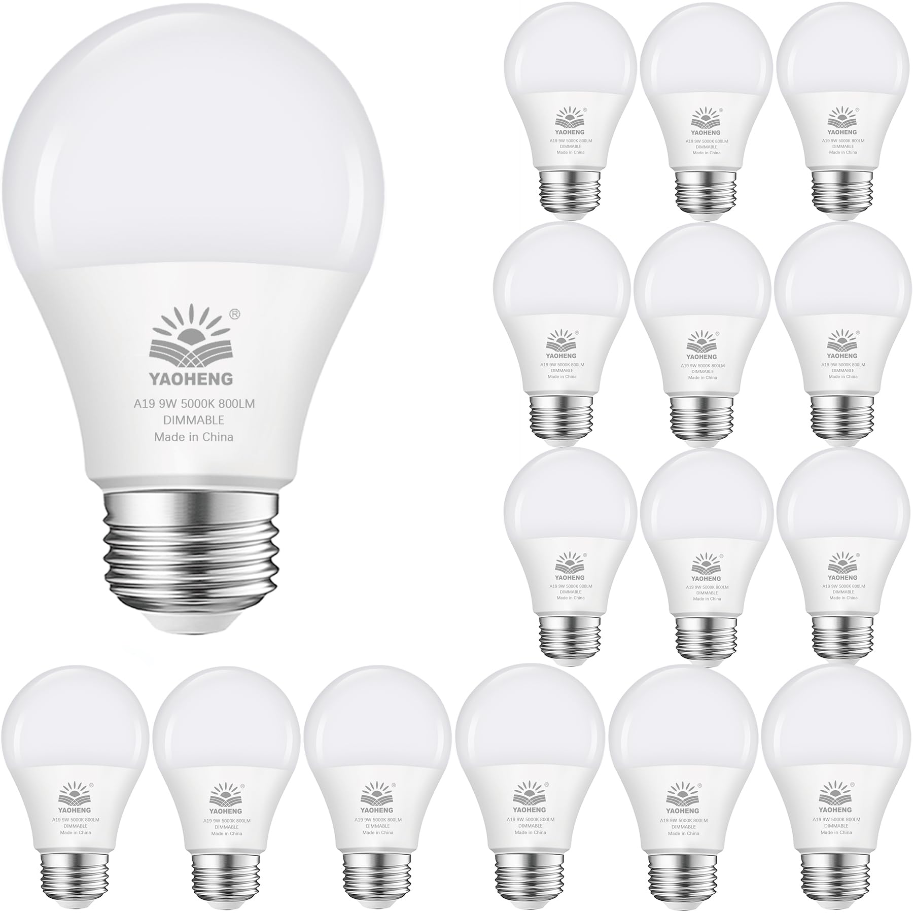 YAOHENG A19 LED Light Bulb, 9W(60W Equivalent) LED Bulbs, E26 Standard Base, 5000K Daylight, 800 Lumens, Dimmable 9W Bright White Light Bulbs for Home Office (16-Pack)