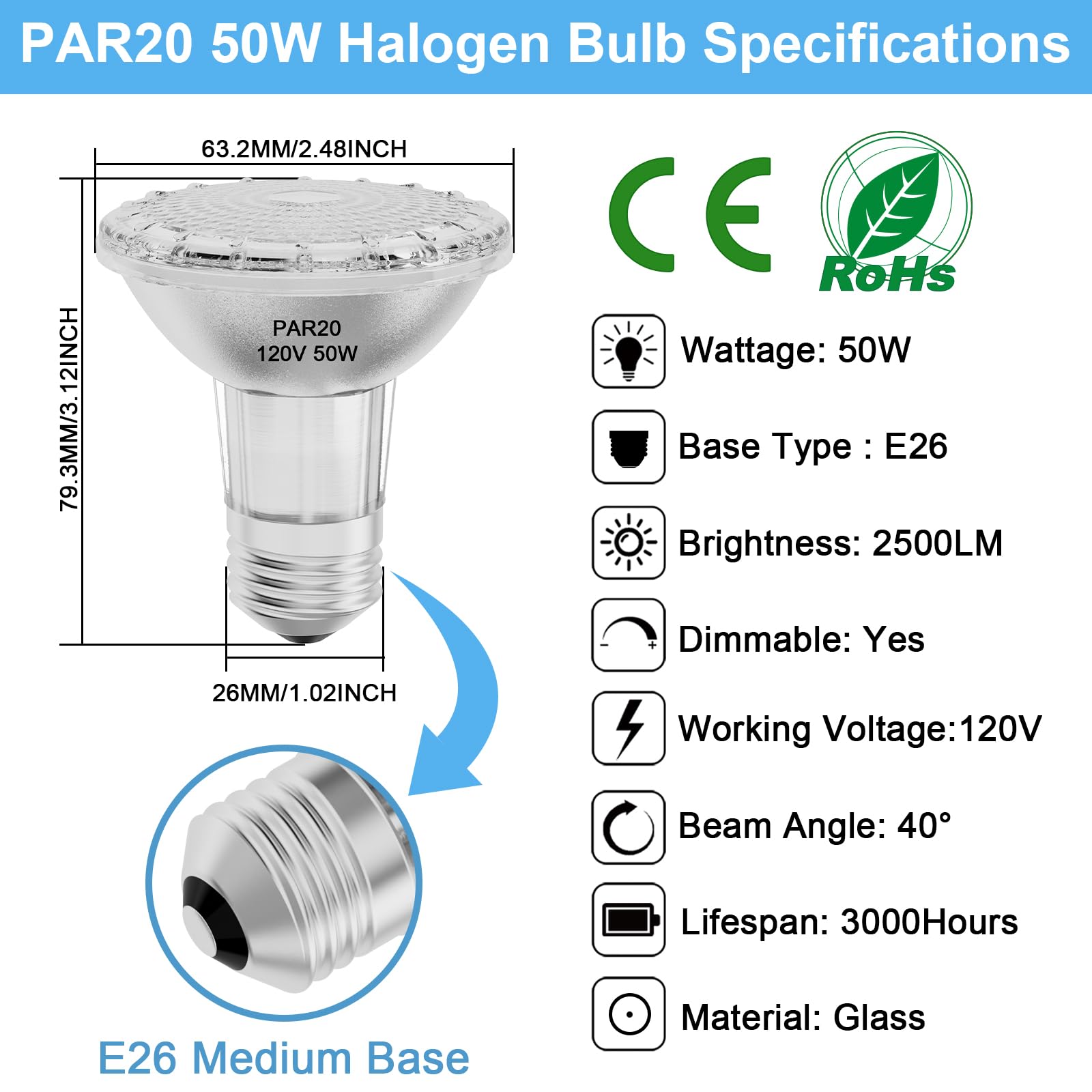 Par20 Bulbs, 6 Pack 120V 50W Par20 Halogen Light Bulbs 2500 Lumens High Output, Dmimable Reflector Par20 Flood Bulb for Recessed Light, Track Light, Range Hood Light, E26 Medium Base, Warm White