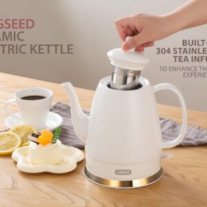 LONGSEED Ceramic Electric Kettle with Fine Mesh Infuser, 1.2L/1000W Boil Water Quickly and Easily with Boil-Dry Protection Auto Shut Off, Detachable Swivel Base, Glazed Relief Carving