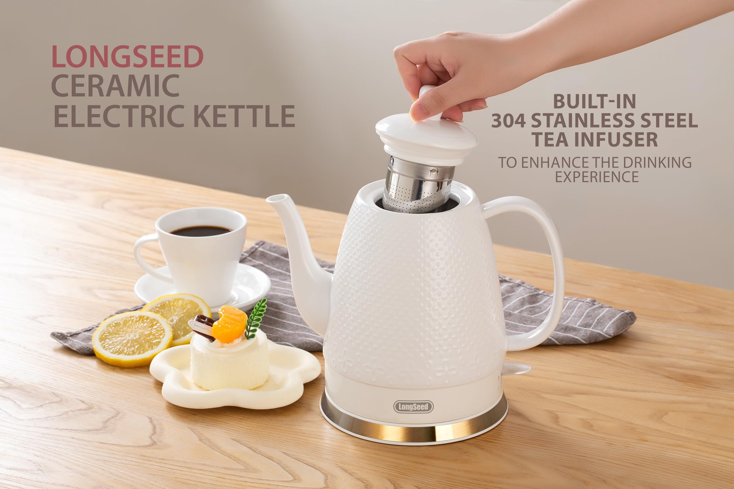 LONGSEED Ceramic Electric Kettle with Fine Mesh Infuser, 1.2L/1000W Boil Water Quickly and Easily with Boil-Dry Protection Auto Shut Off, Detachable Swivel Base, Glazed Relief Carving