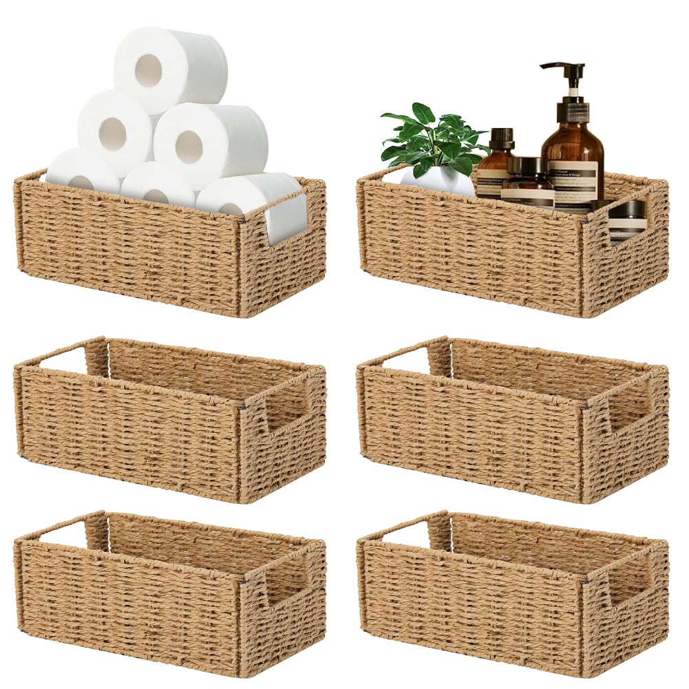 Toilet Paper Basket, Airsnigi 6 Pack Wicker Storage Basket Paper Rope Wicker Baskets with Handles, Small Wicker Storage Baskets for Organizing Shelves - Beige