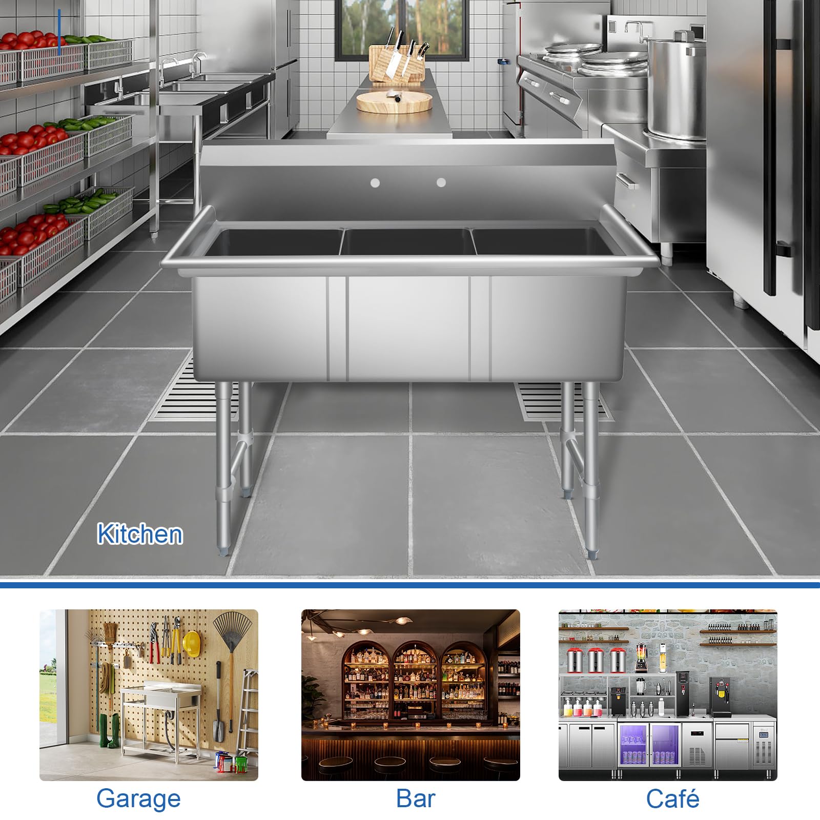 HARDURA Stainless Steel Kitchen Sink With 3 Compartments, Commercial Sink Freestanding NSF Certified Utility Basin 10" L X 14" W X 10" D Bowl For Kitchen & Restaurant, Laundry Room