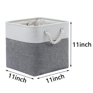 Typutomi 4 Pack Cube Storage Bins, 11x11 Inch Fabric Storage Cubes Collapsible Sturdy Linen Storage Bins Cloth Organizer Baskets with Cotton Rope Handle for Home,Office,Nursery,Toys(Grey White)