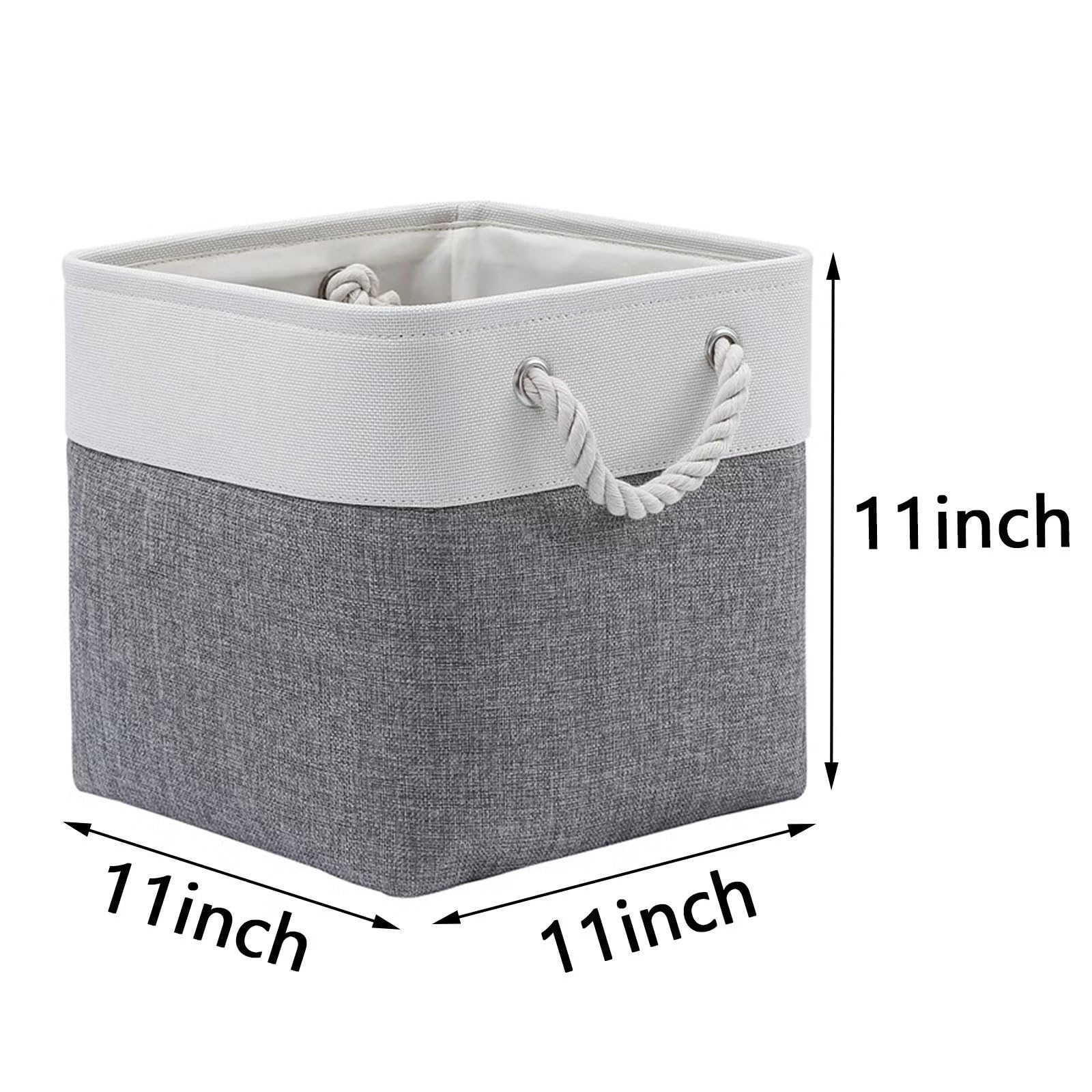 Typutomi 4 Pack Cube Storage Bins, 11x11 Inch Fabric Storage Cubes Collapsible Sturdy Linen Storage Bins Cloth Organizer Baskets with Cotton Rope Handle for Home,Office,Nursery,Toys(Grey White)