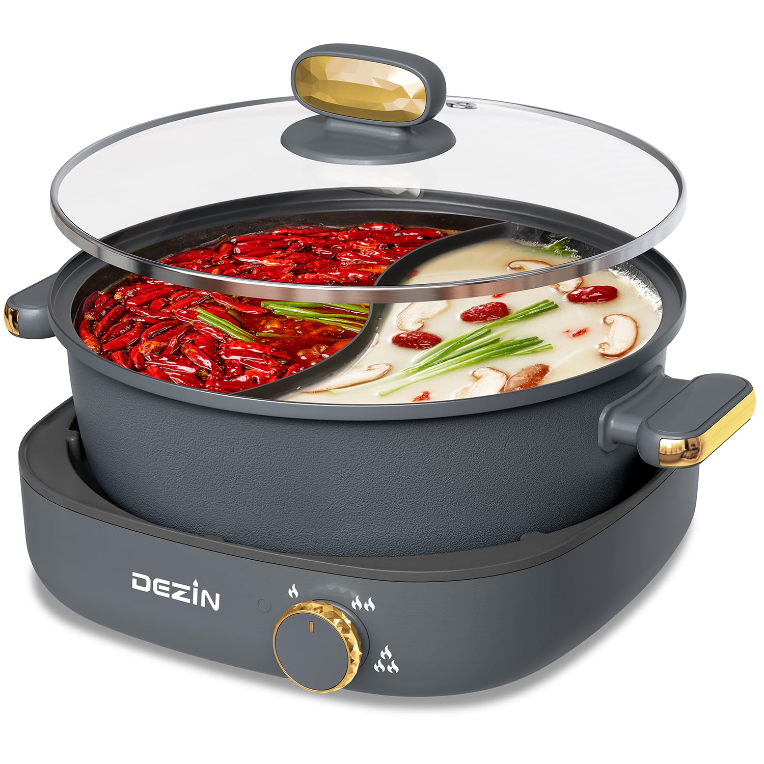 Dezin Hot Pot Electric with Divider, 4L Electric Shabu Shabu with Dual-Flavor Pot,3.7" Depth Nonstick Dual Side Electric Pot with Multi-Power Control for Party, Family and Friend Gathering