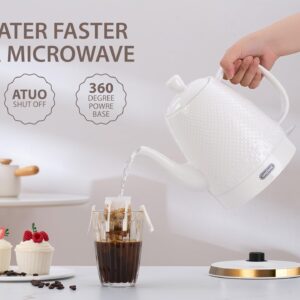 LONGSEED Ceramic Electric Kettle with Fine Mesh Infuser, 1.2L/1000W Boil Water Quickly and Easily with Boil-Dry Protection Auto Shut Off, Detachable Swivel Base, Glazed Relief Carving