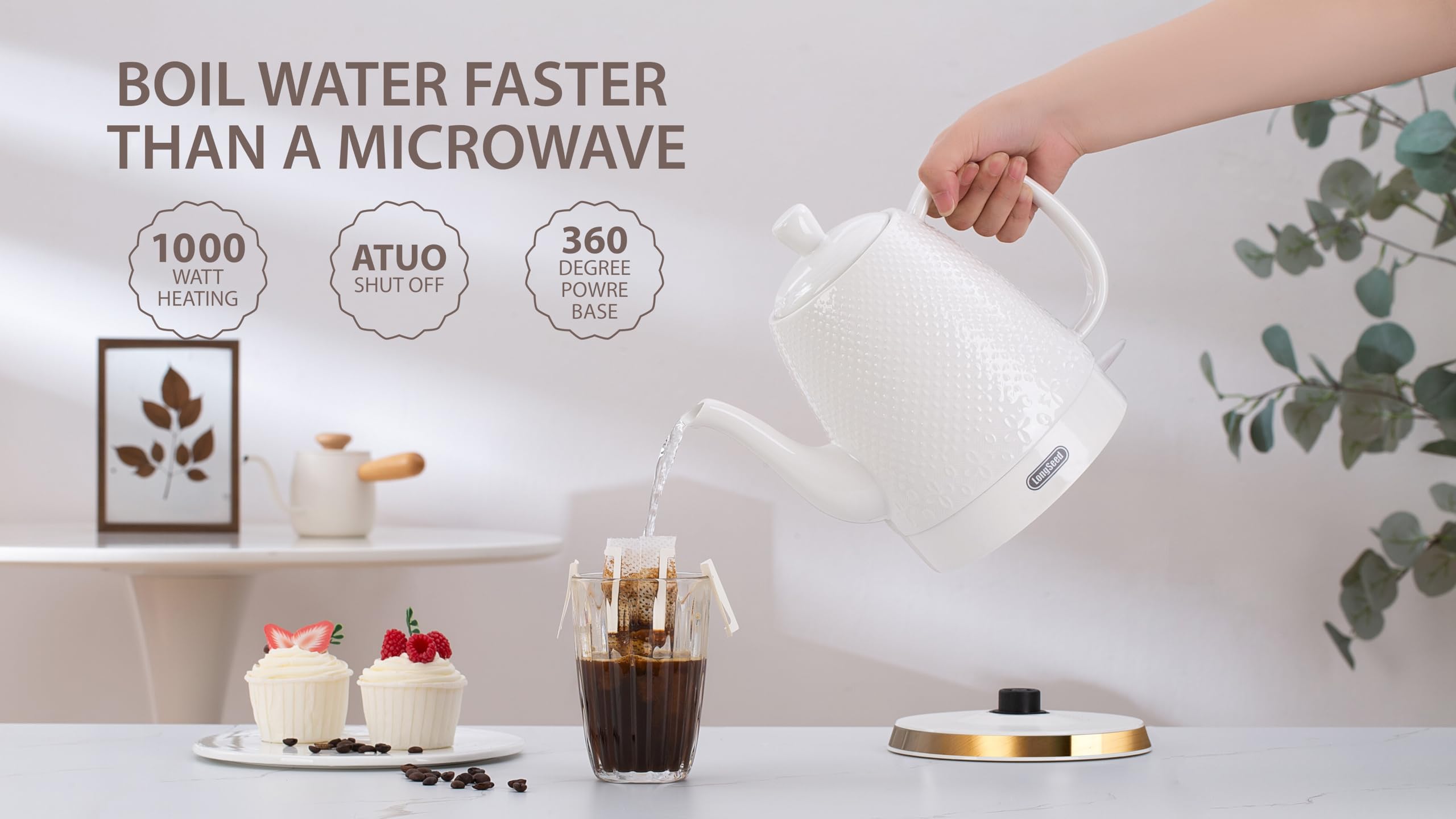 LONGSEED Ceramic Electric Kettle with Fine Mesh Infuser, 1.2L/1000W Boil Water Quickly and Easily with Boil-Dry Protection Auto Shut Off, Detachable Swivel Base, Glazed Relief Carving