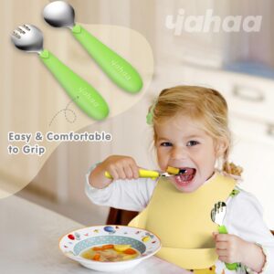 Toddler Utensils with Silicone Handle,6 pcs Kids Silverware Set,Baby Forks and Spoons for Self-Feeding,Green Yellow Navy