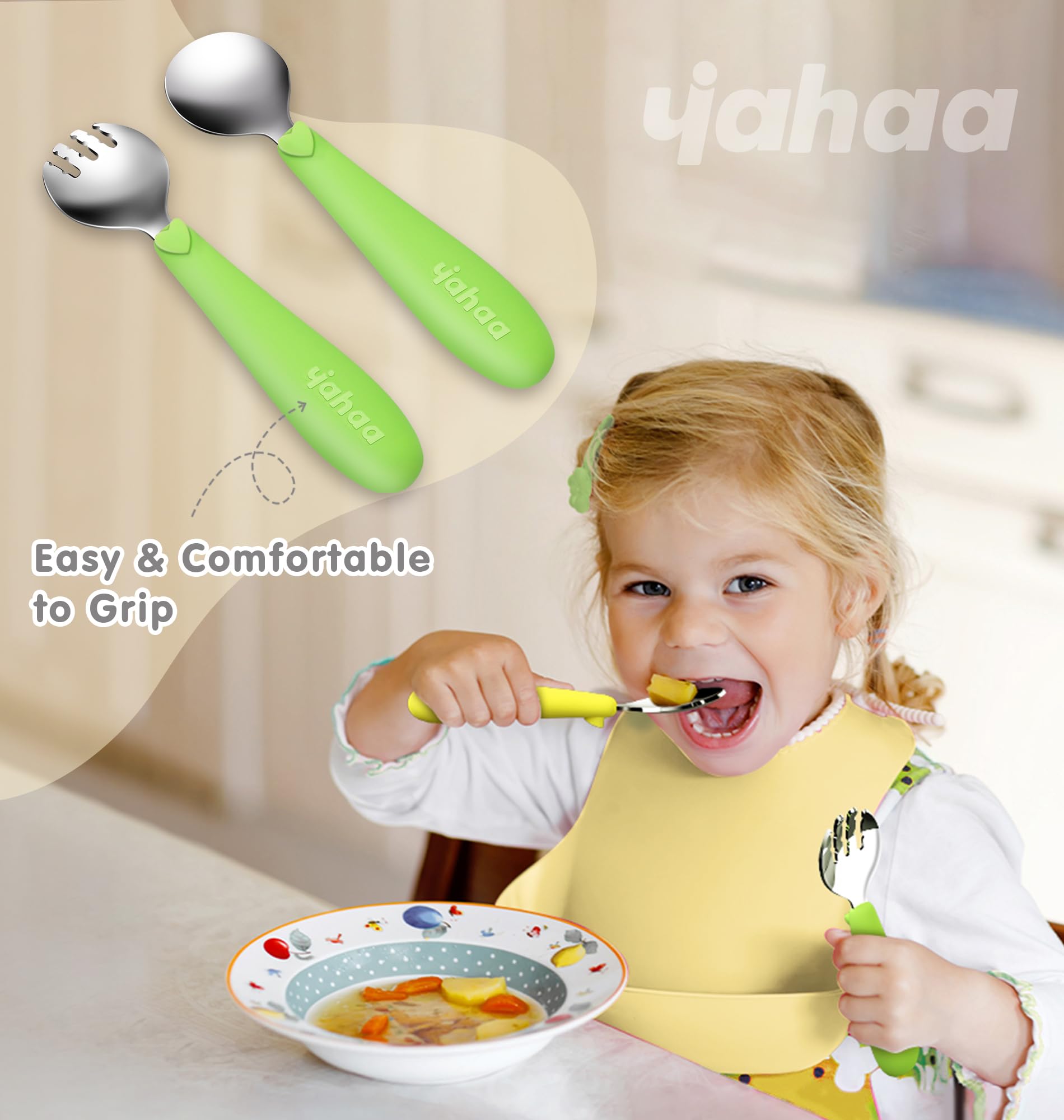 Toddler Utensils with Silicone Handle,6 pcs Kids Silverware Set,Baby Forks and Spoons for Self-Feeding,Green Yellow Navy