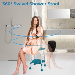 KSITEX Shower Stool Chair for Inside Shower, Upgrade Small Corner Plastic Stool for Seniors Adult, 360° Swivel Shower Stool Seat for Bathroom, 6-Level Adjustable Height Bath Chair Stools with Shelf