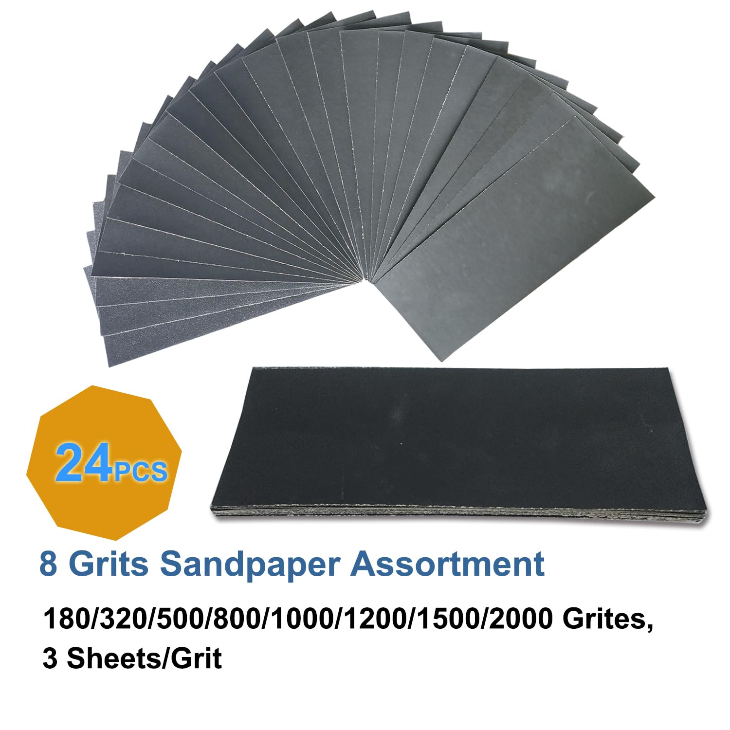 24PCS Sandpaper Variety Pack, Sand Paper Assortment 8 Grits, 3-2/3" x 9" Premium Wet Dry Sandpaper for Small Projects, Wood Furniture Finishing, Metal Sanding, Automotive Polishing