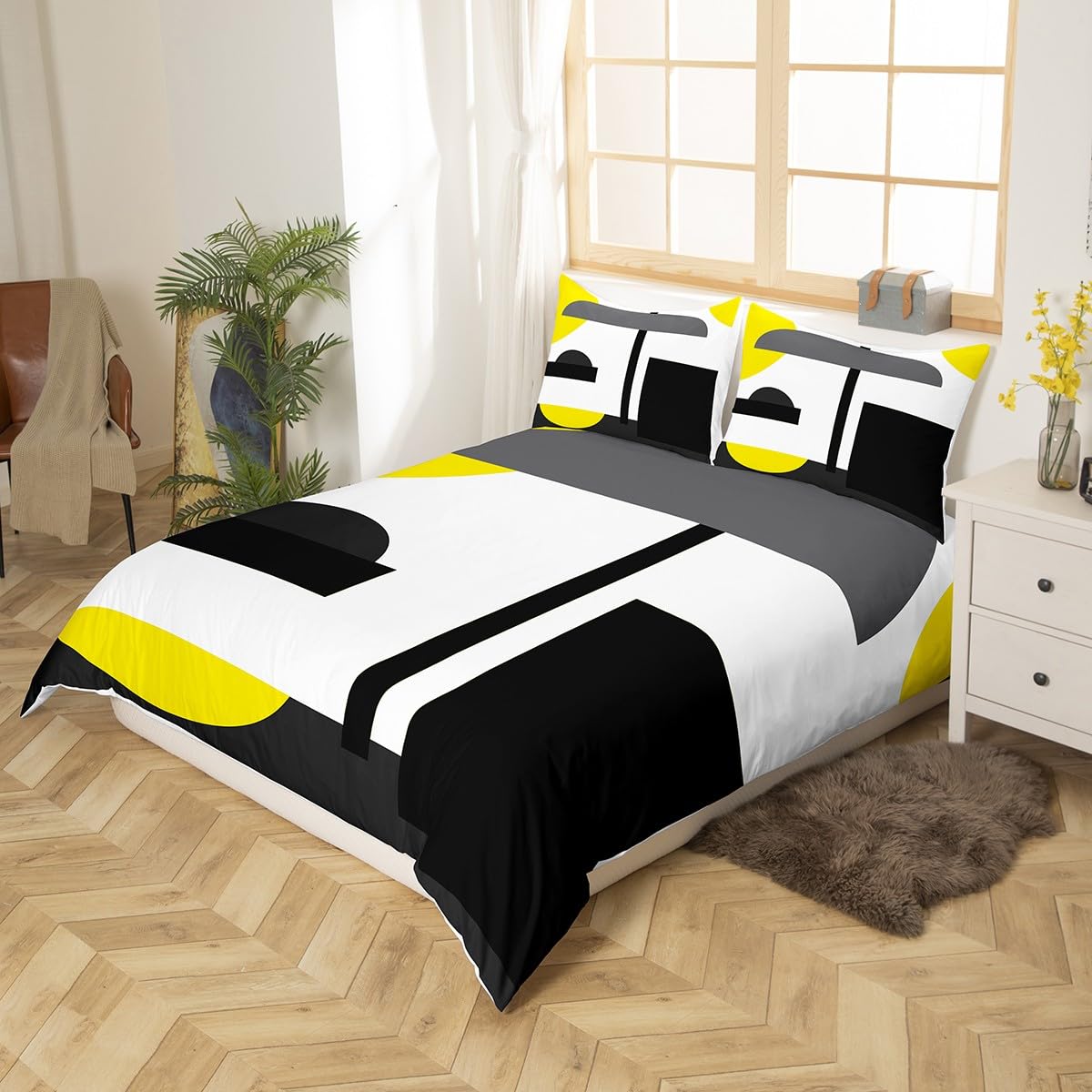 Erosebridal Geometric Bedding Set for Boys, Yellow Black Grey White Comforter Cover Geometry Irregular Shape Comforter Cover King Size for Kids Teens Adult Men, Rustic Farmhouse Country Bed Set