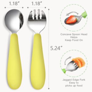 Toddler Utensils with Silicone Handle,6 pcs Kids Silverware Set,Baby Forks and Spoons for Self-Feeding,Green Yellow Navy