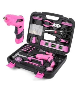 143 pcs pink homeowner tool set with 3.6v cordless screwdriver general household hand tool kit with plastic tool box storage case for women,men