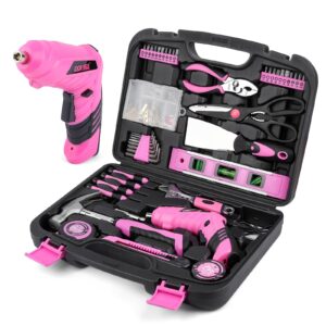 143 Pcs Pink Homeowner Tool Set with 3.6V Cordless Screwdriver General Household Hand Tool Kit with Plastic Tool box Storage Case for Women,Men