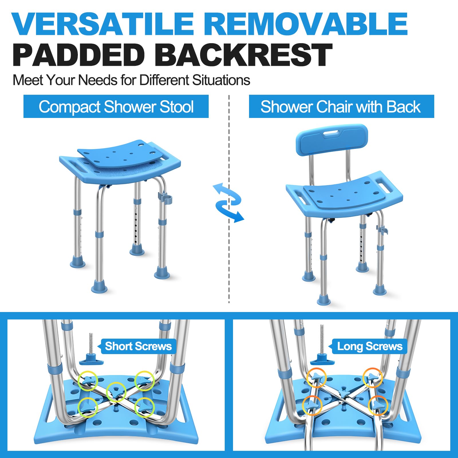 Medhelp Shower Chair with Back for Inside Shower, FSA/HSA Eligible Heavy Duty 380lbs Stainless Steel Adjustable Shower Stool, Tool Free & Anti Slip Padded Bath Seat for Elderly, Handicap & Disabled