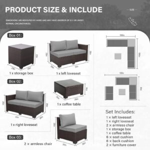 Wicker Patio Furniture 6 Pieces Outdoor Sectional Sofa Patio Conversation Sets Patio Loveseat Outdoor Sofa with Patio Storage Box and Non-Slip Grey Cushions