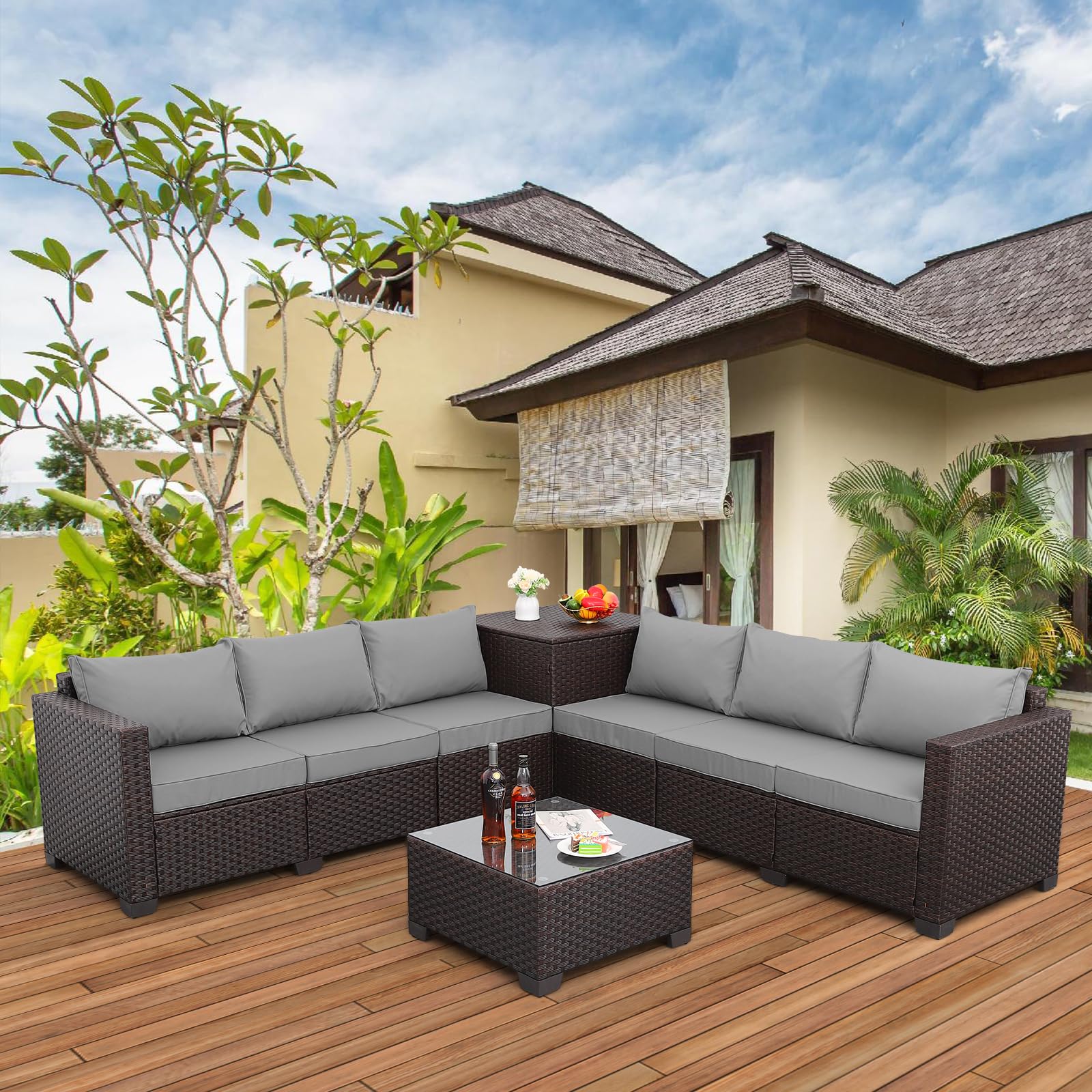 Wicker Patio Furniture 6 Pieces Outdoor Sectional Sofa Patio Conversation Sets Patio Loveseat Outdoor Sofa with Patio Storage Box and Non-Slip Grey Cushions