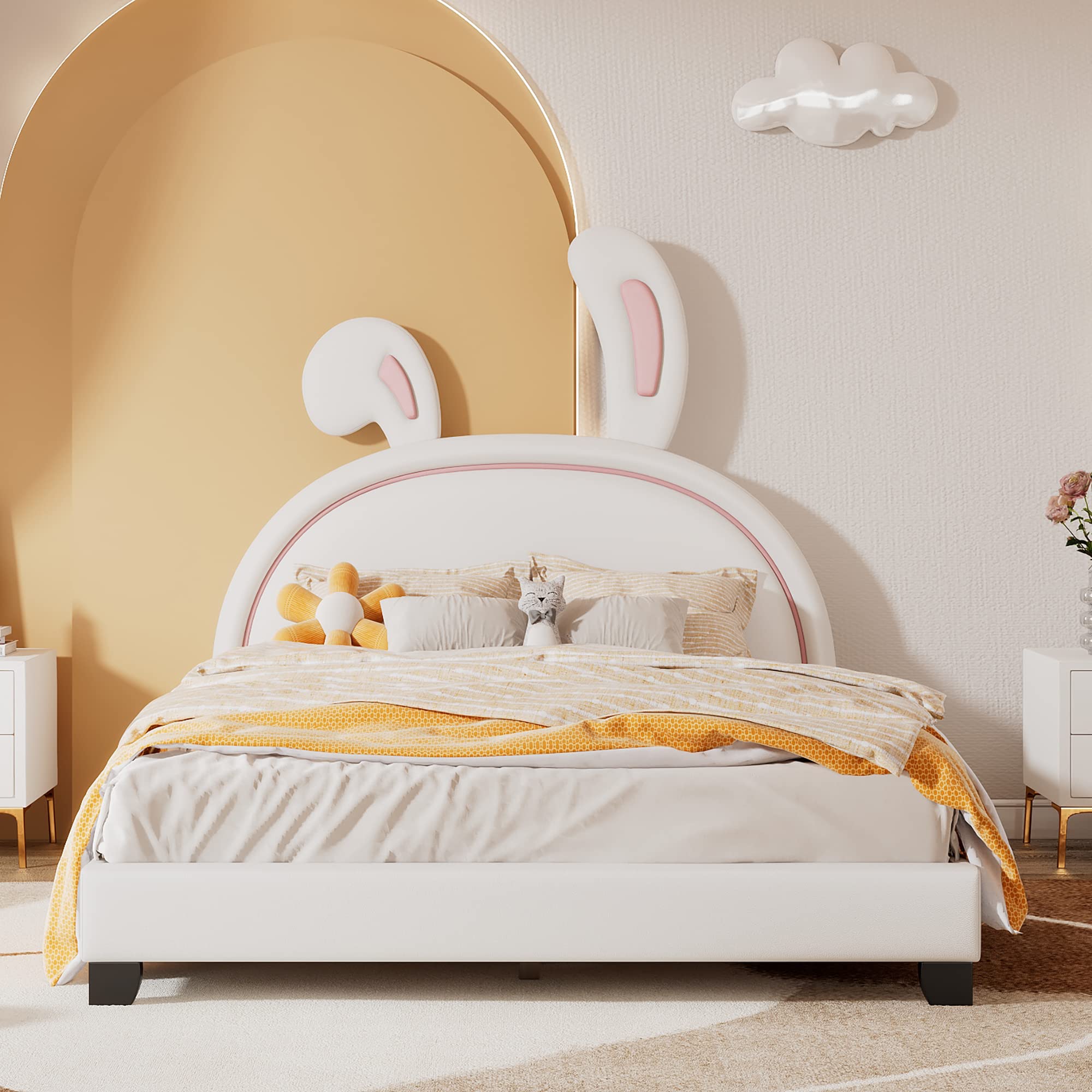 Merax Full Size Upholstered Leather Platform Bed with Bunny Ears Headboard, Platform Bed Frame with Rabbit Ornament for Kids, Child's Bedroom, No Box Spring Needed, White