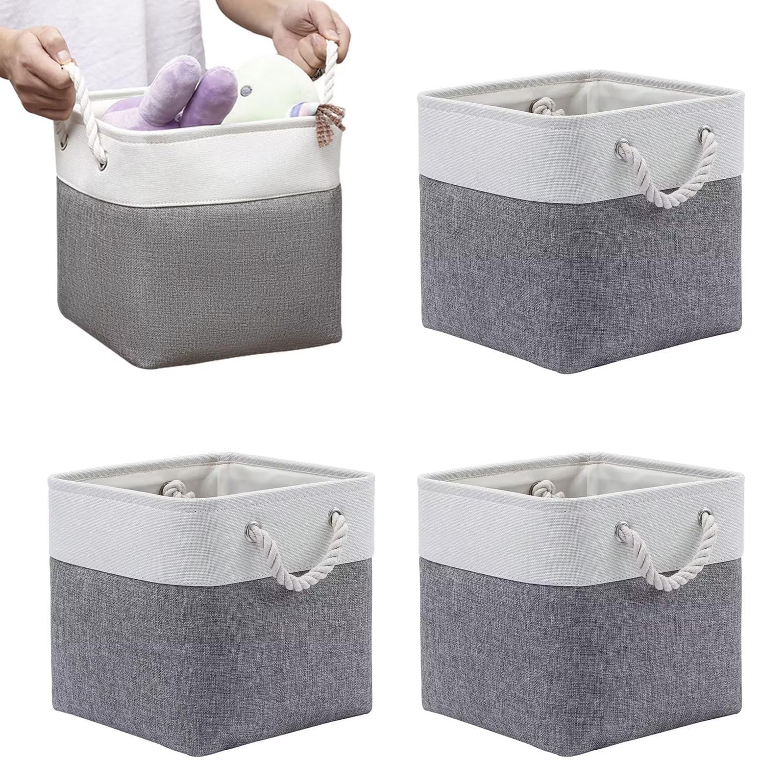 Typutomi 4 Pack Cube Storage Bins, 11x11 Inch Fabric Storage Cubes Collapsible Sturdy Linen Storage Bins Cloth Organizer Baskets with Cotton Rope Handle for Home,Office,Nursery,Toys(Grey White)