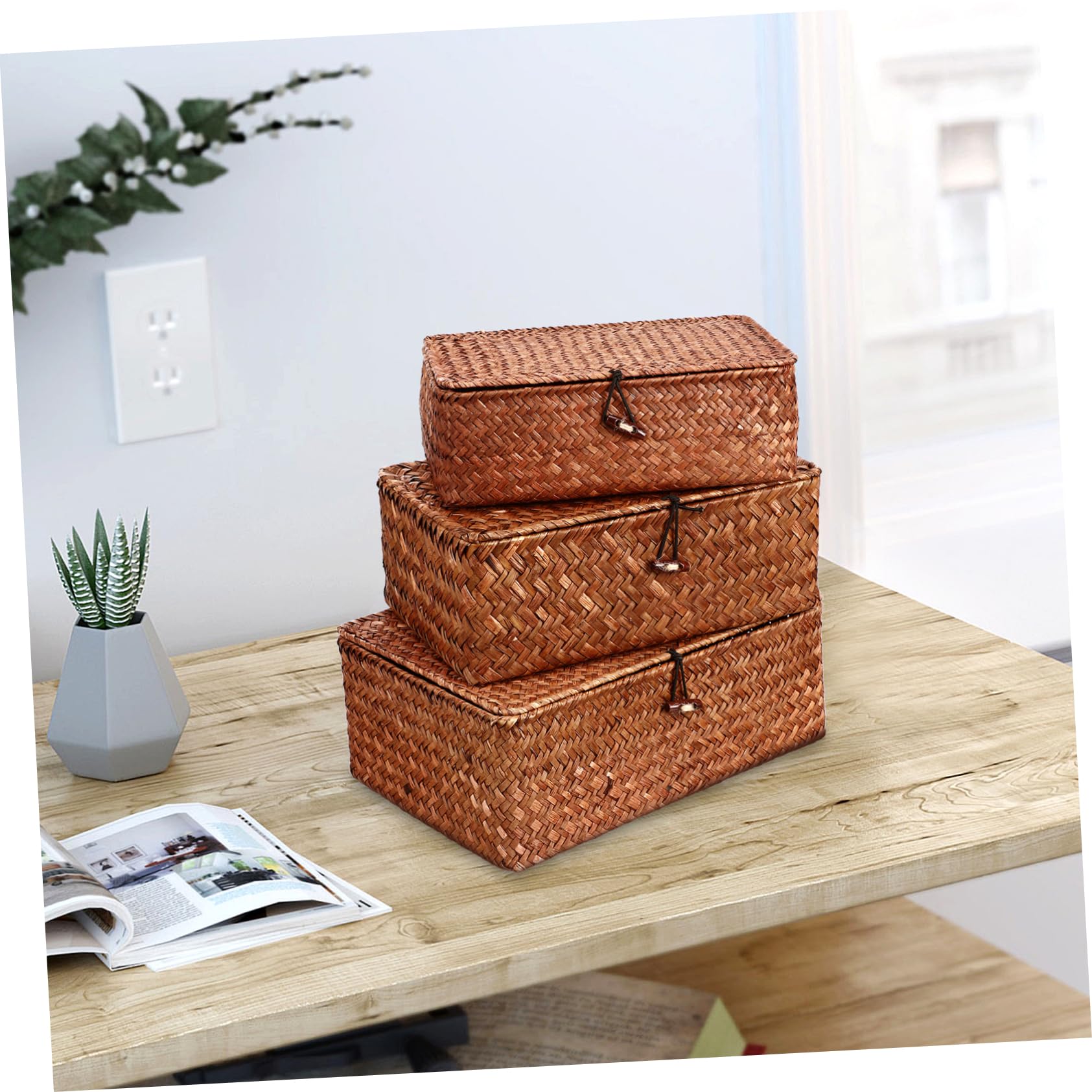 Luxshiny 3pcs Woven Storage Baskets with Lids Shelves Basket Organizer Pantry Organizer Baskets Storage Container Basket for Home(Brown)