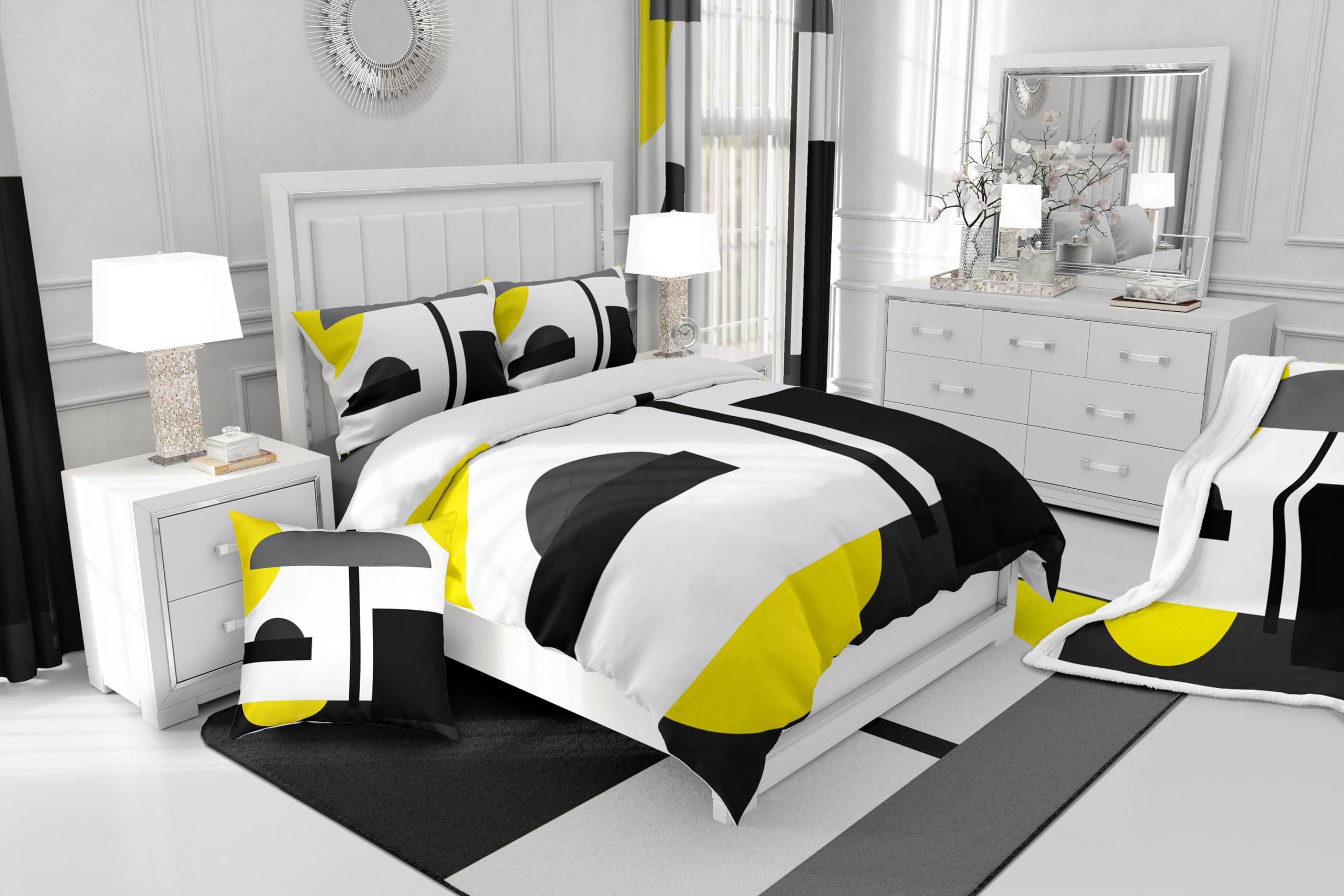 Erosebridal Geometric Bedding Set for Boys, Yellow Black Grey White Comforter Cover Geometry Irregular Shape Comforter Cover King Size for Kids Teens Adult Men, Rustic Farmhouse Country Bed Set