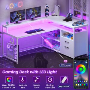 SEDETA White Computer Desk with Drawers, 55" Home Office Desk with File Drawer and Storage Shelves, L Shaped Gaming Desk with LED Lights and Monitor Shelf